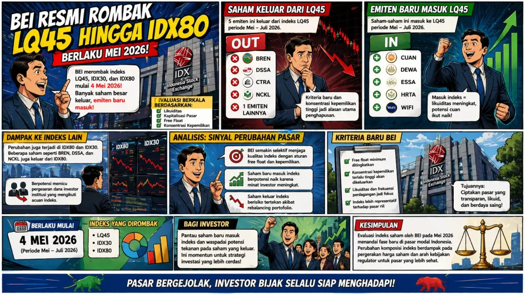 BEI Resmi Rombak LQ45 hingga IDX80 Mei 2026, Saham Konglomerat Tersingkir dan Emiten Baru Melonjak Masuk