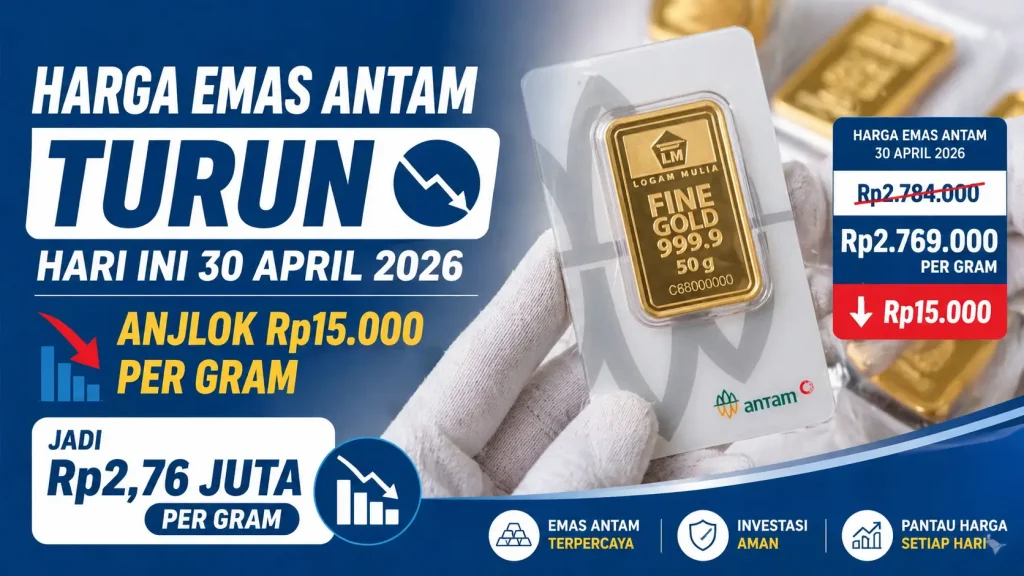 Harga Emas Antam Turun Hari Ini 30 April 2026, Anjlok Rp15.000 per Gram Jadi Rp2,76 Juta