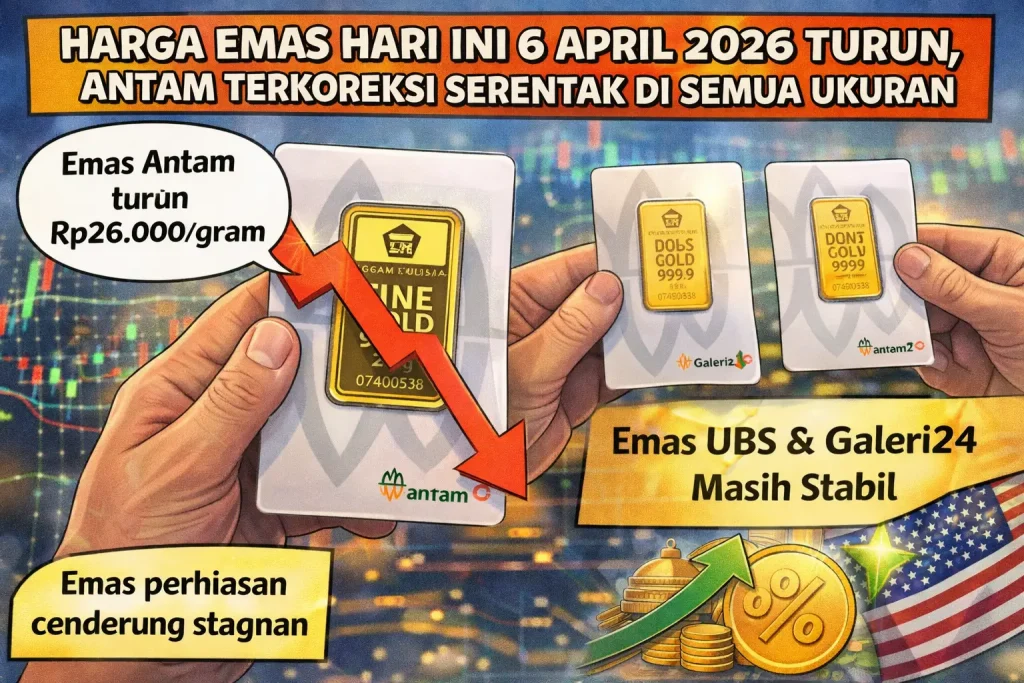 Harga Emas Hari Ini 6 April 2026 Turun, Antam Terkoreksi Serentak di Semua Ukuran